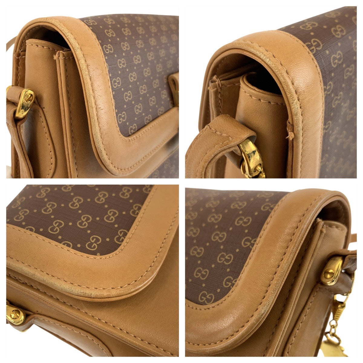 GUCCI Shoulder Bag 001 414 1161 PVC, Leather Brown Gold Metal Shoulder Bag pochette Micro GG Old Gucci Women Used Authentic