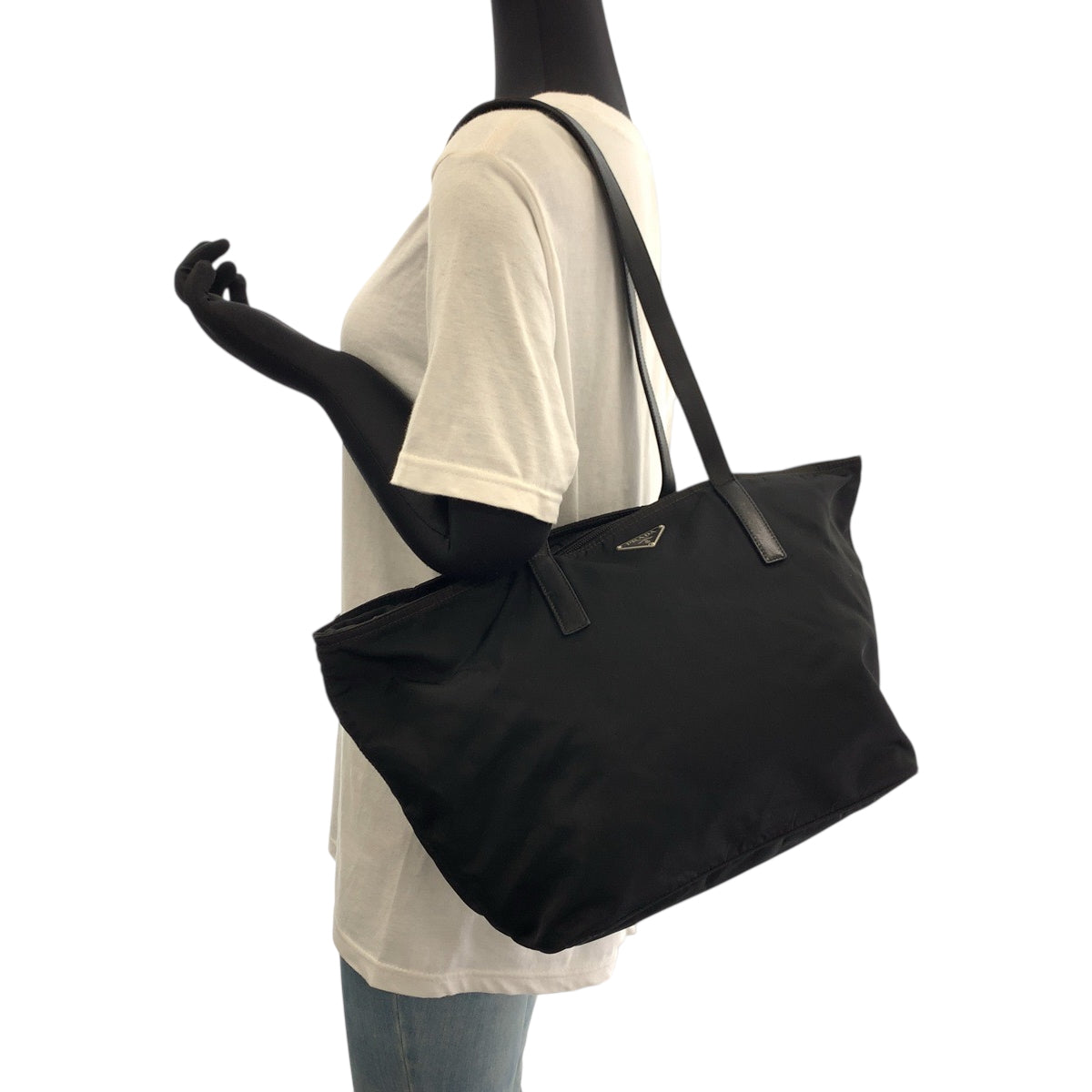 PRADA Tote Bag Nylon Black Silver Metal Tote Bag Shoulder Bag Test Triangle With logo Women Used Authentic