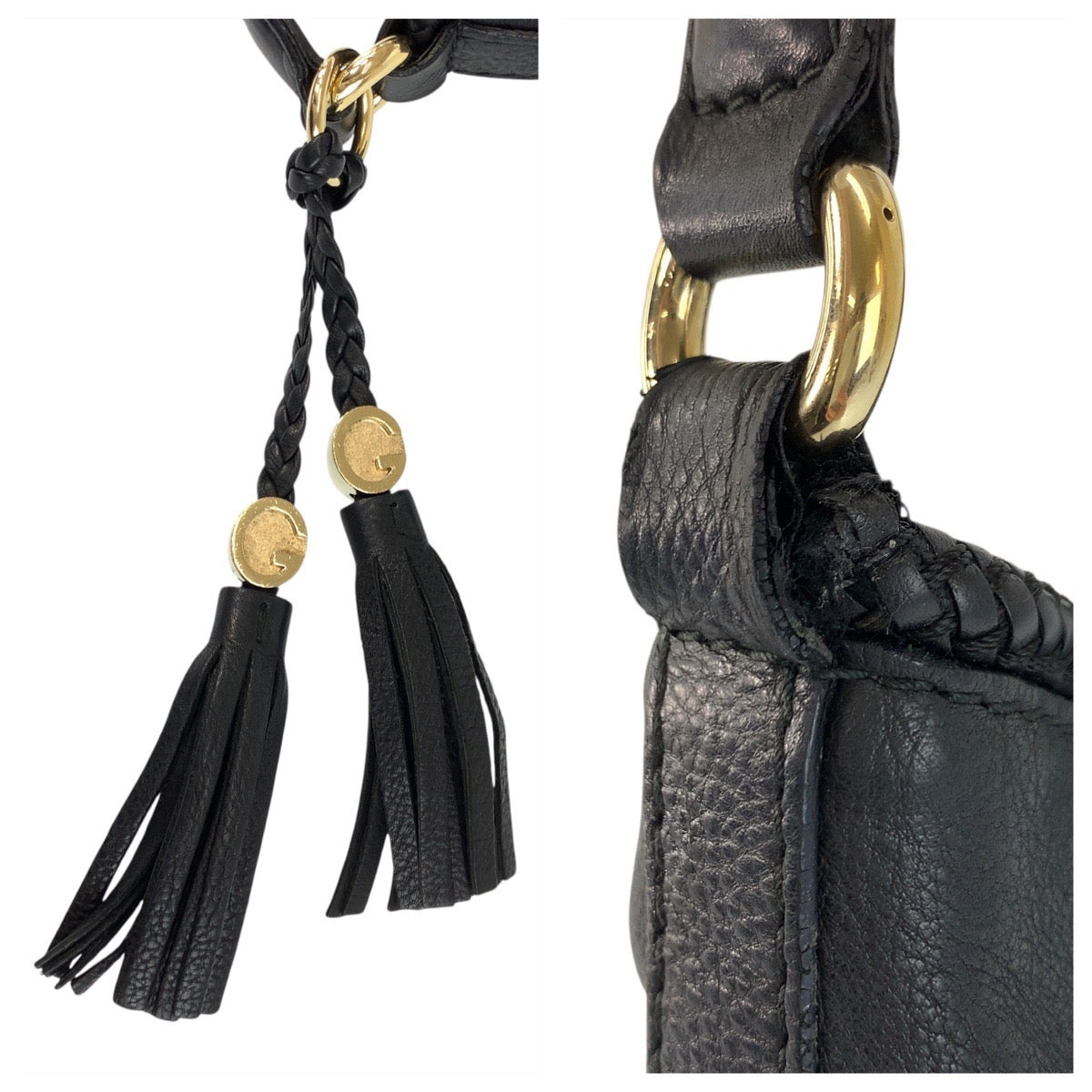 GUCCI Shoulder Bag 257026 leather Black Gold Metal Tassel Braid