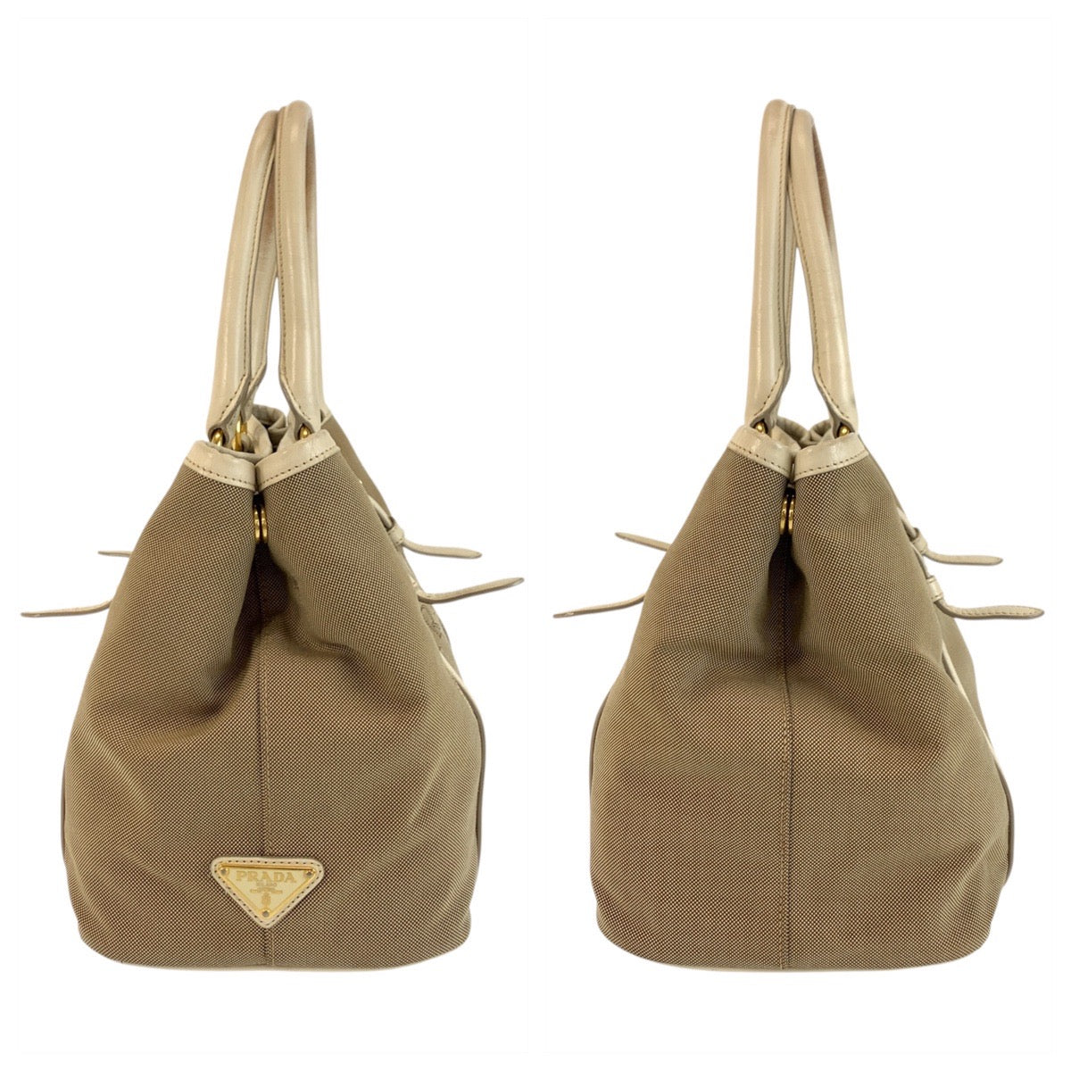 PRADA Tote Bag Canvas, Leather Beige Gold Metal Tote Bag Shoulder Bag 2way Logo jacquard Women Used Authentic