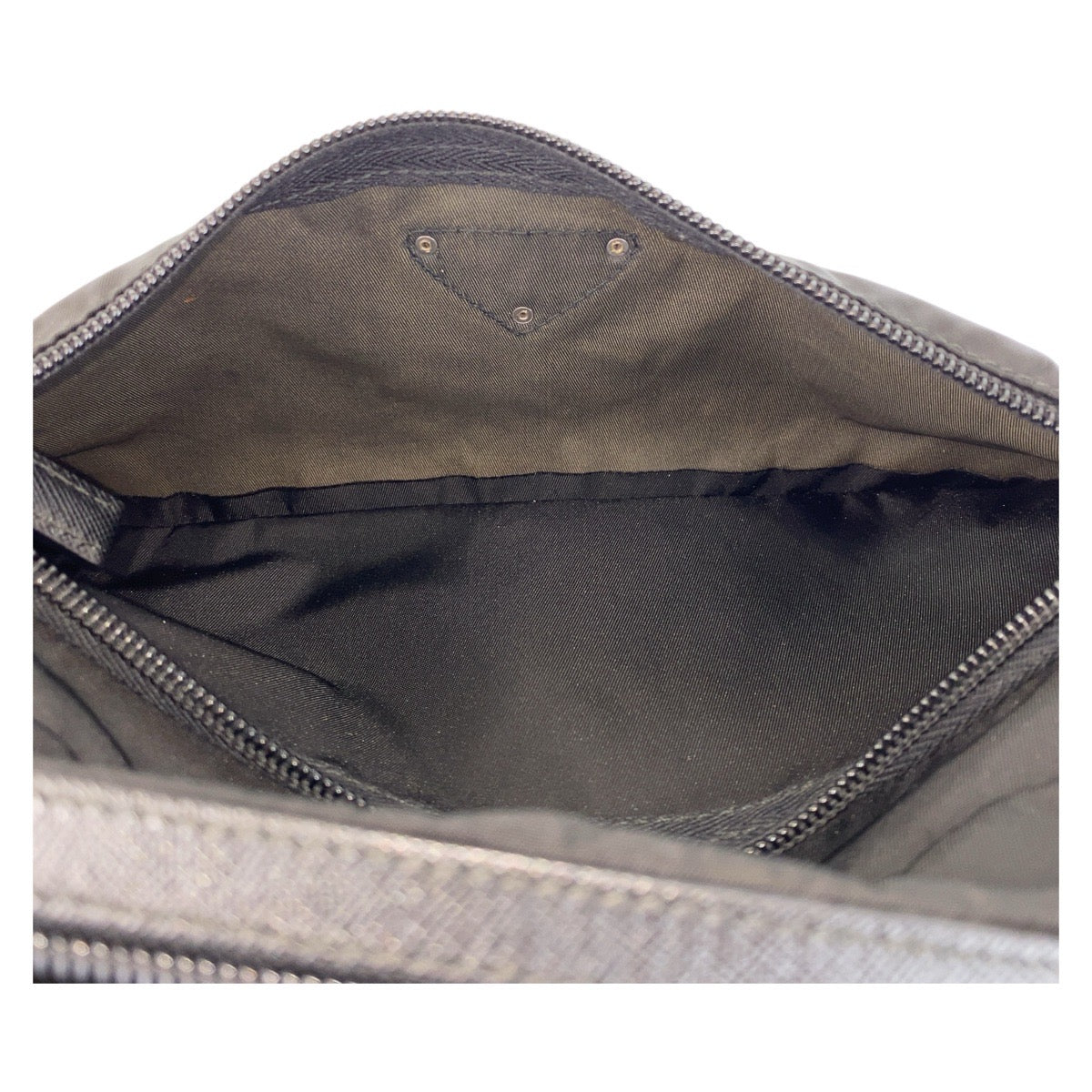 PRADA Clutch bag Nylon, Leather Black SilverMetal Clutch bag business bag pouch Testo Saffiano leather Triangle With logo mens Used Authentic