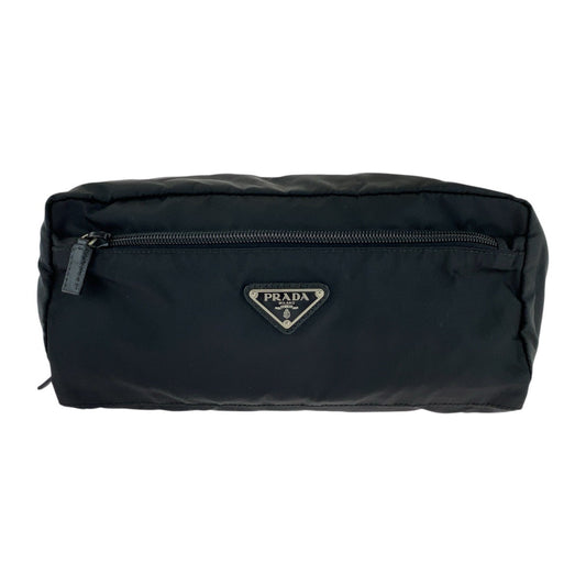 PRADA Clutch bag Nylon, Leather Black SilverMetal Clutch bag business bag pouch Testo Saffiano leather Triangle With logo mens Used Authentic
