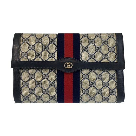 GUCCI Clutch bag 38 GG Supreme canvas, leather Gray Navy Gold Metal Clutch bag business bag Sherry line mens Used Authentic
