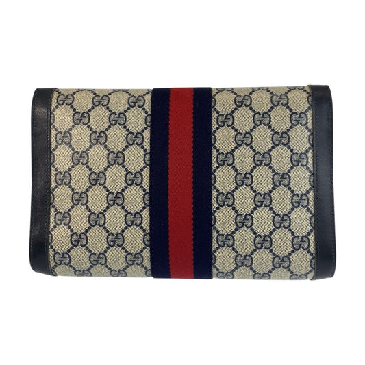 GUCCI Clutch bag 38 GG Supreme canvas, leather Gray Navy Gold Metal Clutch bag business bag Sherry line mens Used Authentic