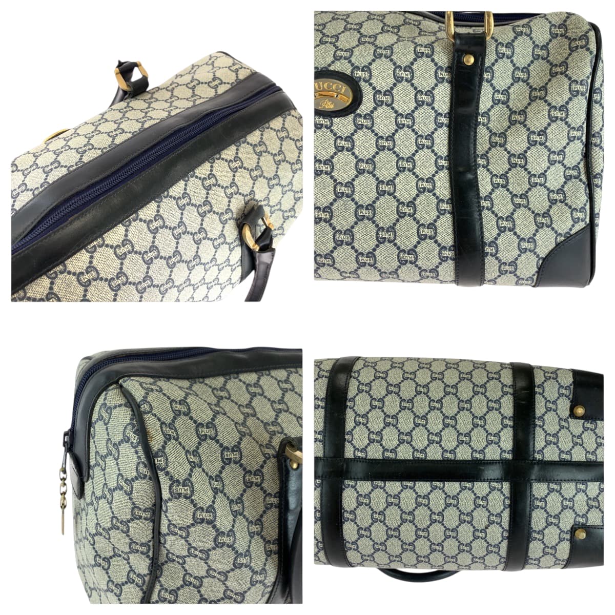 GUCCI Handbag PVC Navy Gray Gold Metal Handbags Mini Boston Duffel bag GG plus Women Used Authentic