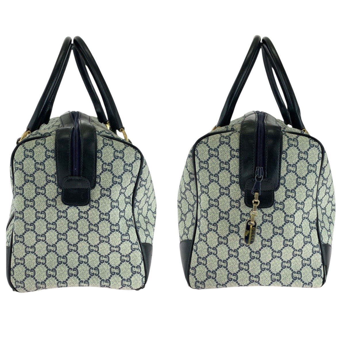 GUCCI Handbag PVC Navy Gray Gold Metal Handbags Mini Boston Duffel bag GG plus Women Used Authentic