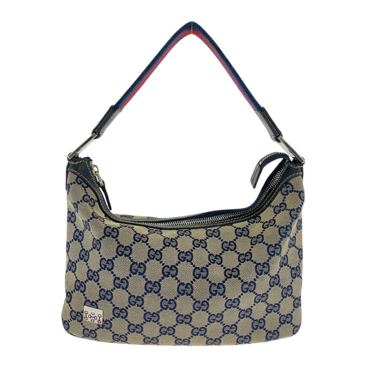 GUCCI Shoulder Bag 145812 GG canvas Gray Navy SilverMetal Sherry line Women Used Authentic