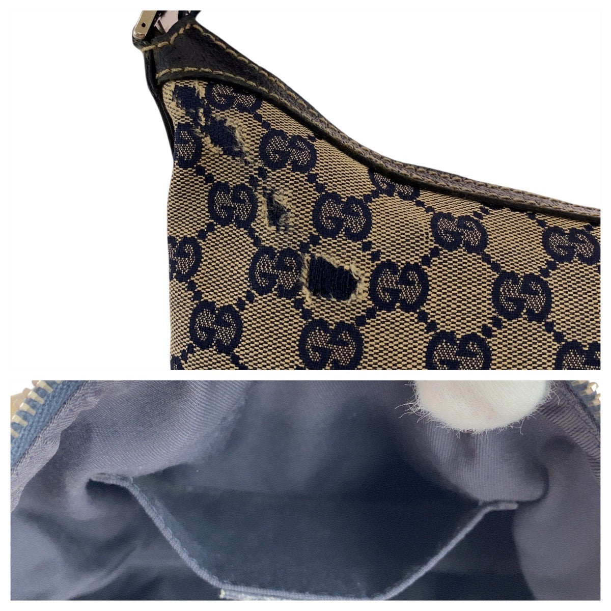 GUCCI Shoulder Bag 145812 GG canvas Gray Navy SilverMetal Sherry line Women Used Authentic