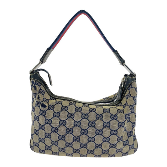 GUCCI Shoulder Bag 145812 GG canvas Gray Navy SilverMetal Sherry line Women Used Authentic