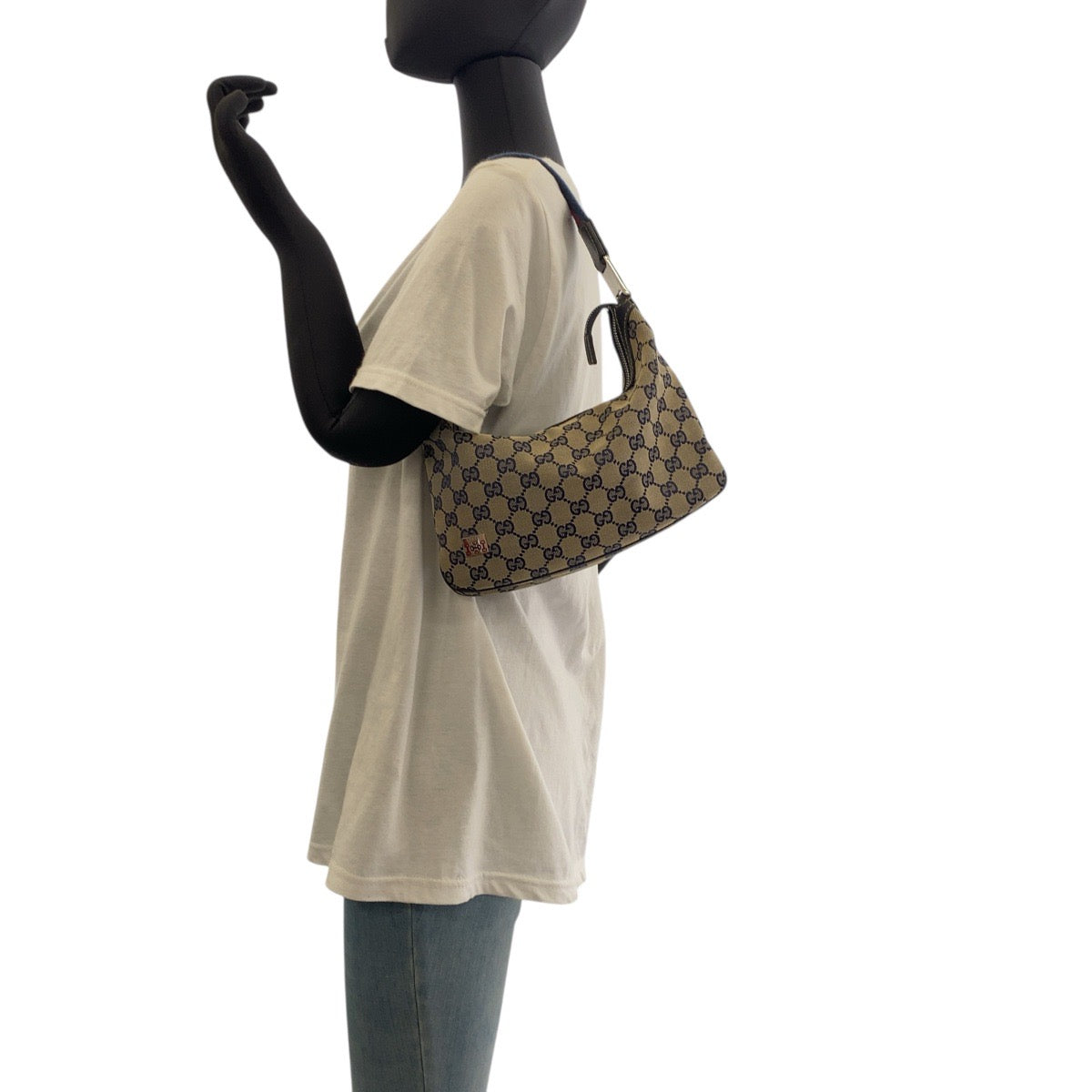 GUCCI Shoulder Bag 145812 GG canvas Gray Navy SilverMetal Sherry line Women Used Authentic