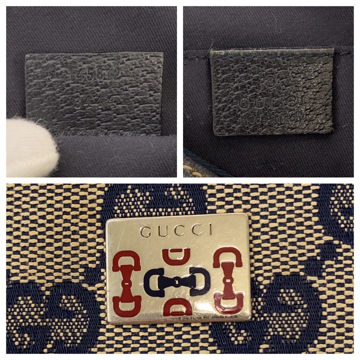 GUCCI Shoulder Bag 145812 GG canvas Gray Navy SilverMetal Sherry line Women Used Authentic