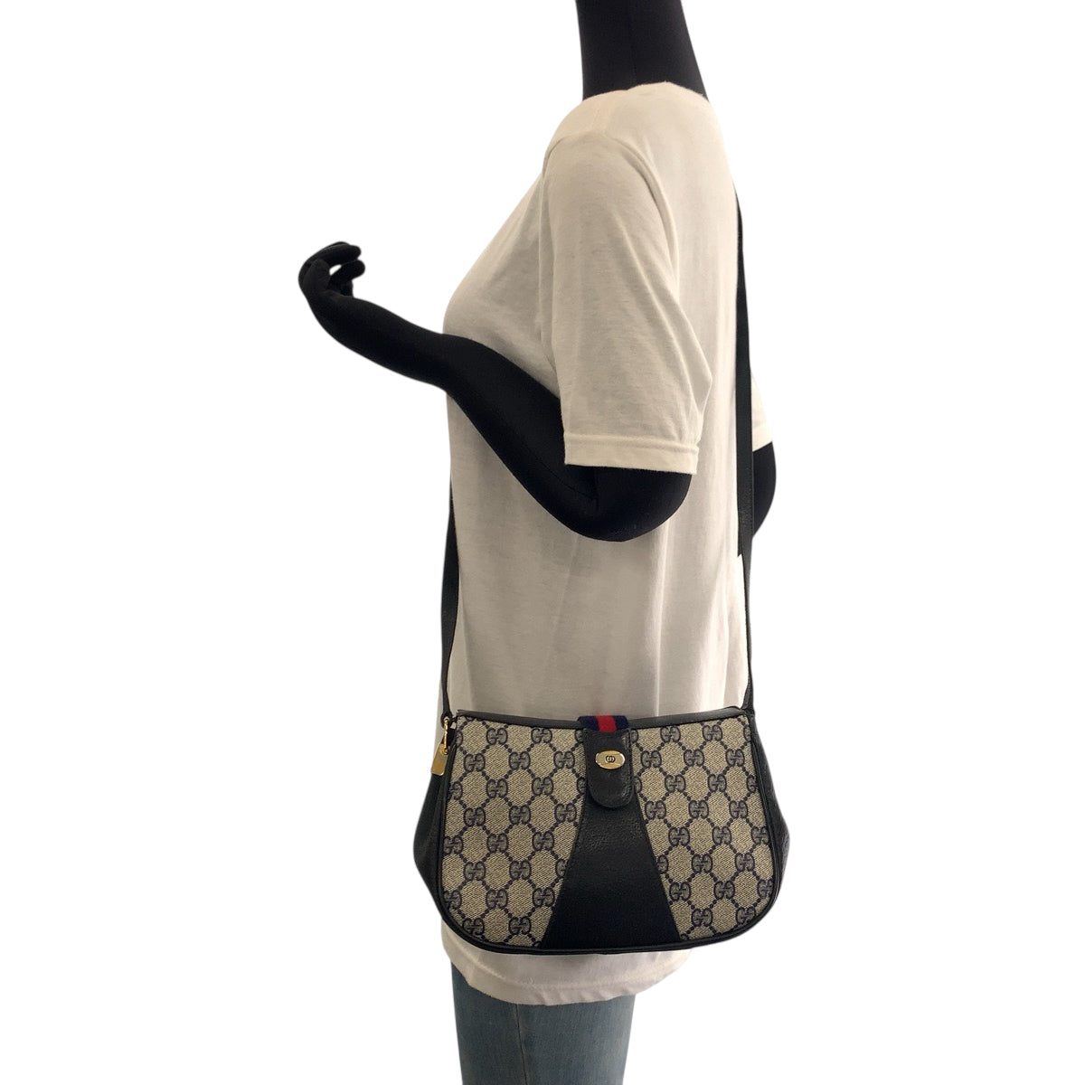 GUCCI Shoulder Bag 66 02 024 GG Supreme Canvas Navy Gray Gold Metal Shoulder Bag pochette Old Gucci Shelly Line Women Used Authentic