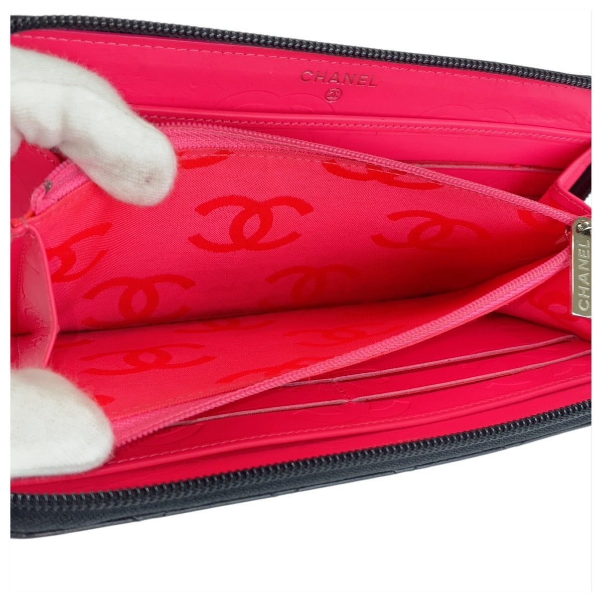 CHANEL Long Wallet Purse Leather, Patent Leather Black Silver Metal Long Wallet Purse Cambon line COCO Mark Women Used Authentic
