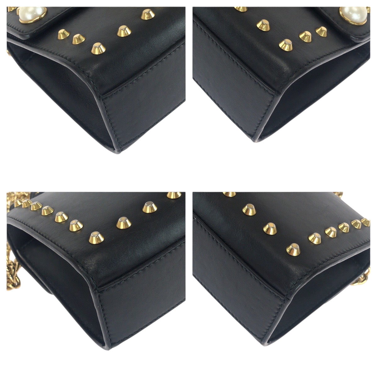 GUCCI Shoulder Bag 432182 leather Black Gold Metal ChainShoulder Bag Pochette Studs Pearl Women Used Authentic