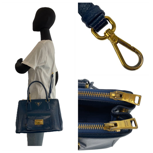 PRADA Handbag leather Blue Gold Metal 2way Handbag Crossbody Shoulder Bag Safiano Triangle With logo Women Used Authentic