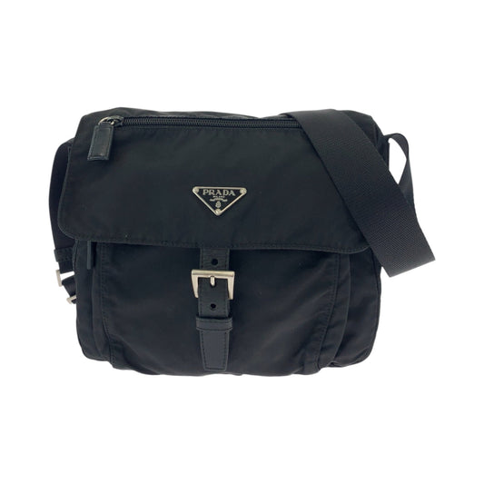 PRADA Shoulder Bag Nylon Black SilverMetal Shoulder Bag pochette Test Triangle With logo Women Used Authentic