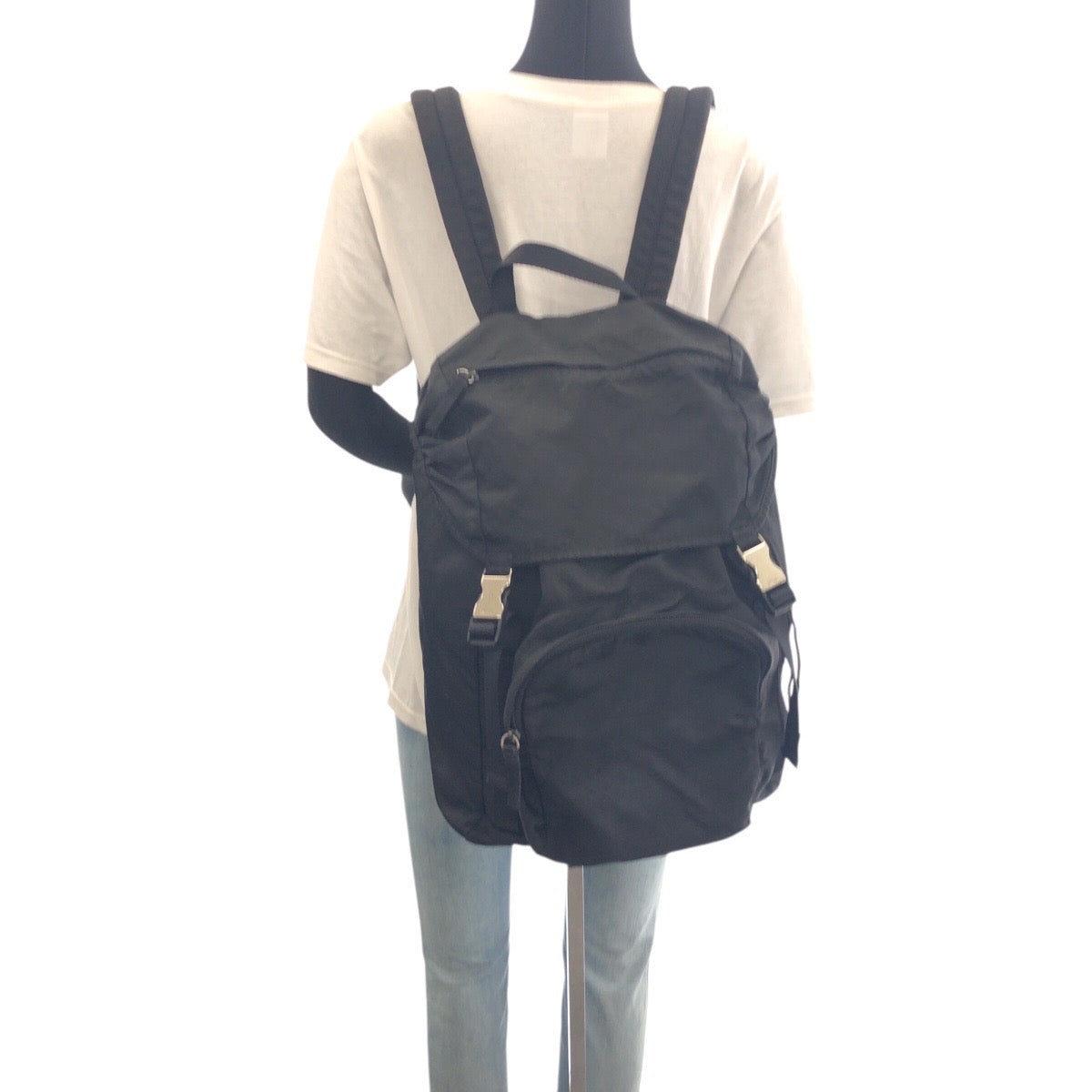 PRADA Backpack Nylon Black SilverMetal Backpack Unisex Test Triangle With logo Women Used Authentic