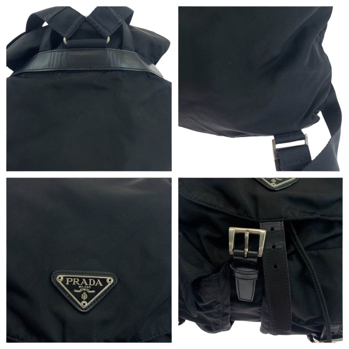 PRADA Backpack Nylon Black SilverMetal Backpack Backpack Test Triangle With logo Women Used Authentic