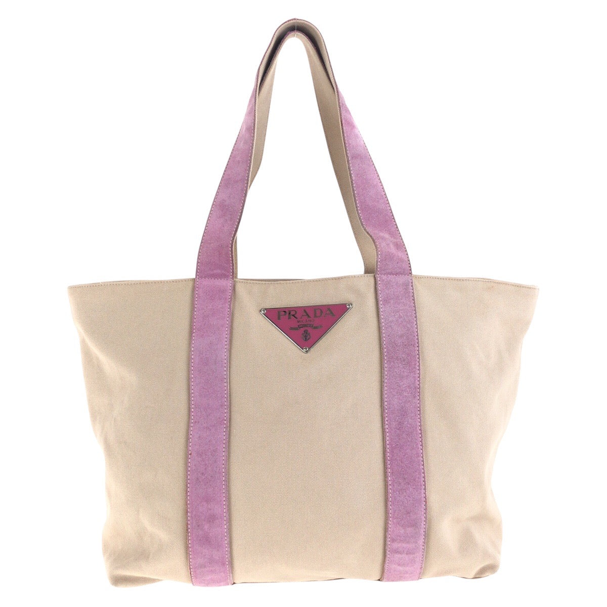 PRADA Tote Bag Canvas, Suede Beige pink Tote Bag Shoulder Bag Triangle With logo Women Used Authentic