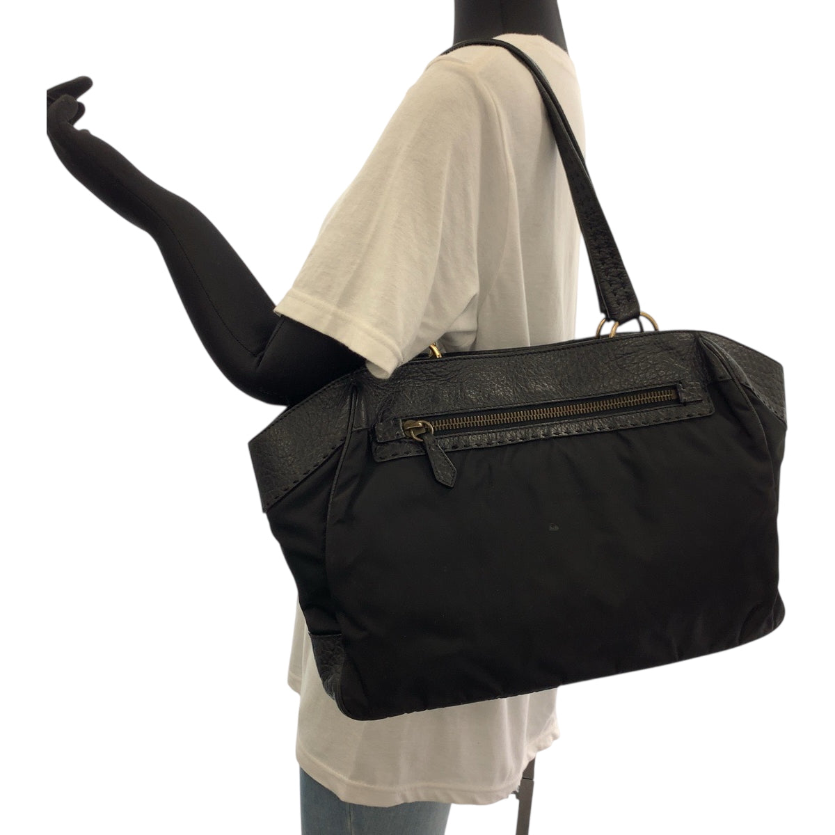 PRADA Handbag Leather, Nylon Black Gold Metal Handbag Shoulder Bag Vitello Dino Tessuto Triangle With logo Women Used Authentic