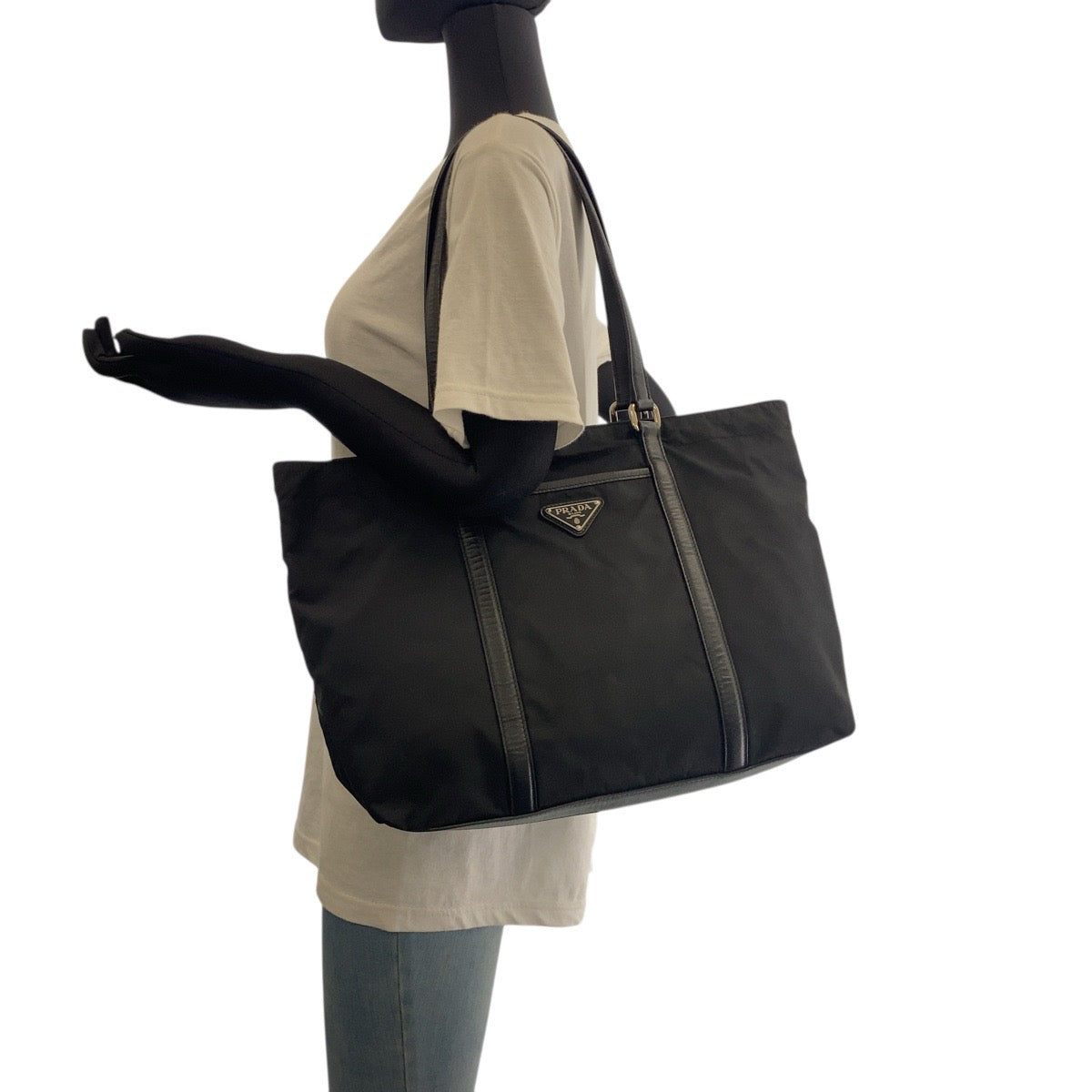 PRADA Tote Bag Nylon, Leather Black SilverMetal Tote Bag Shoulder Bag Test Triangle With logo Women Used Authentic