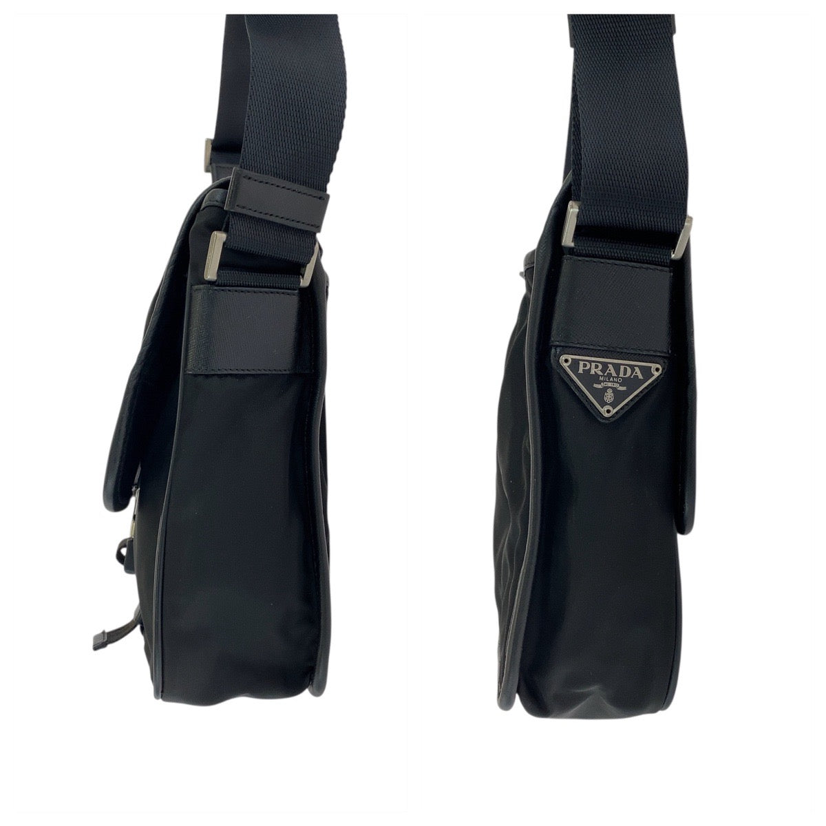 PRADA Shoulder Bag Nylon, Leather Black Silver Metal Shoulder Bag pochette Test Triangle With logo Women Used Authentic