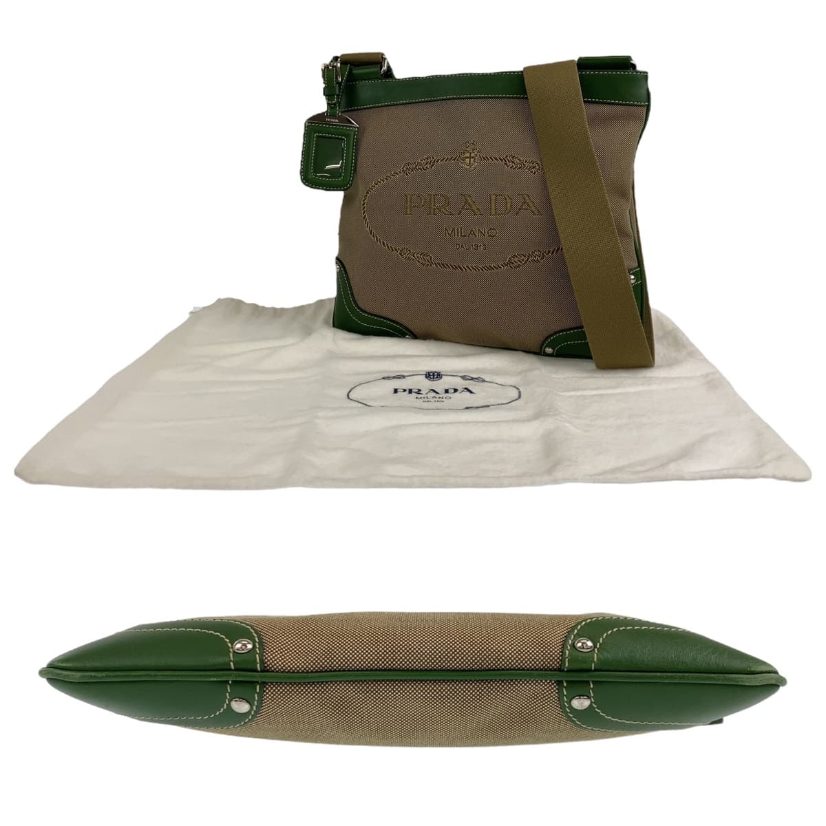 PRADA Shoulder Bag Canvas, Leather Beige Green SilverMetal Shoulder Bag Messenger bag Logo jacquard mens Used Authentic