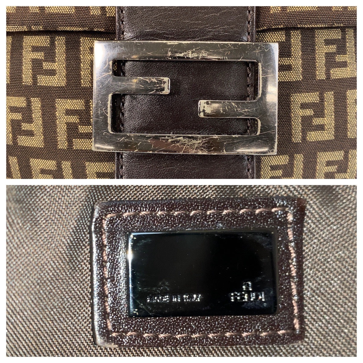FENDI Shoulder Bag canvas Brown Silver Metal Shoulder Bag pochette Zucchino Kamsepochet Women Used Authentic