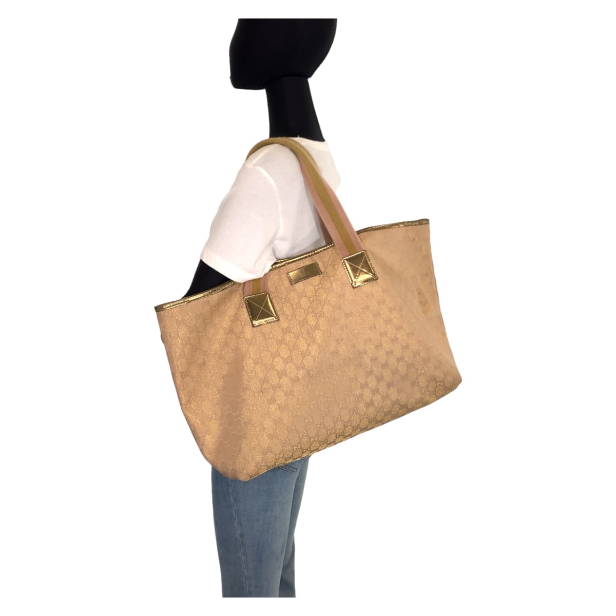 GUCCI Tote Bag 267474 001013 GG canvas Beige gold Tote Bag Shoulder Bag Women Used Authentic
