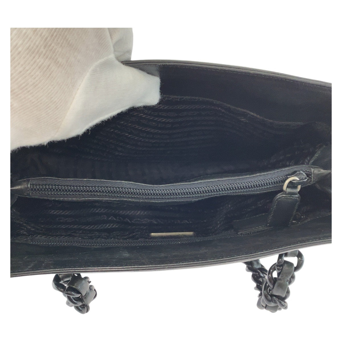 PRADA Tote Bag Leather, Plastic Black Silver Metal Tote Bag handbag Plastic Chain Women Used Authentic