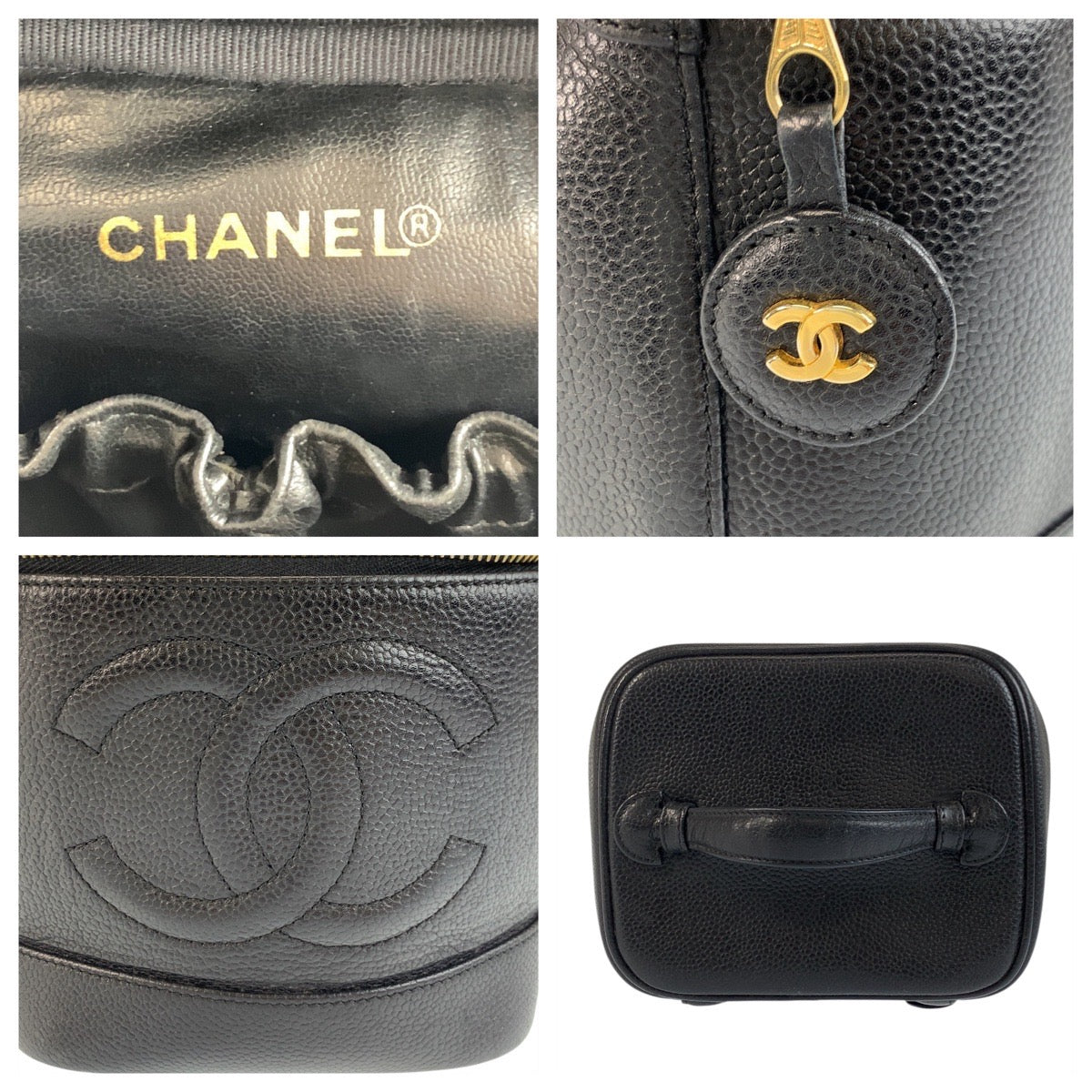 CHANEL Handbag Caviar skin Black GoldMetal Handbag vanity bag COCO Mark Women Used Authentic