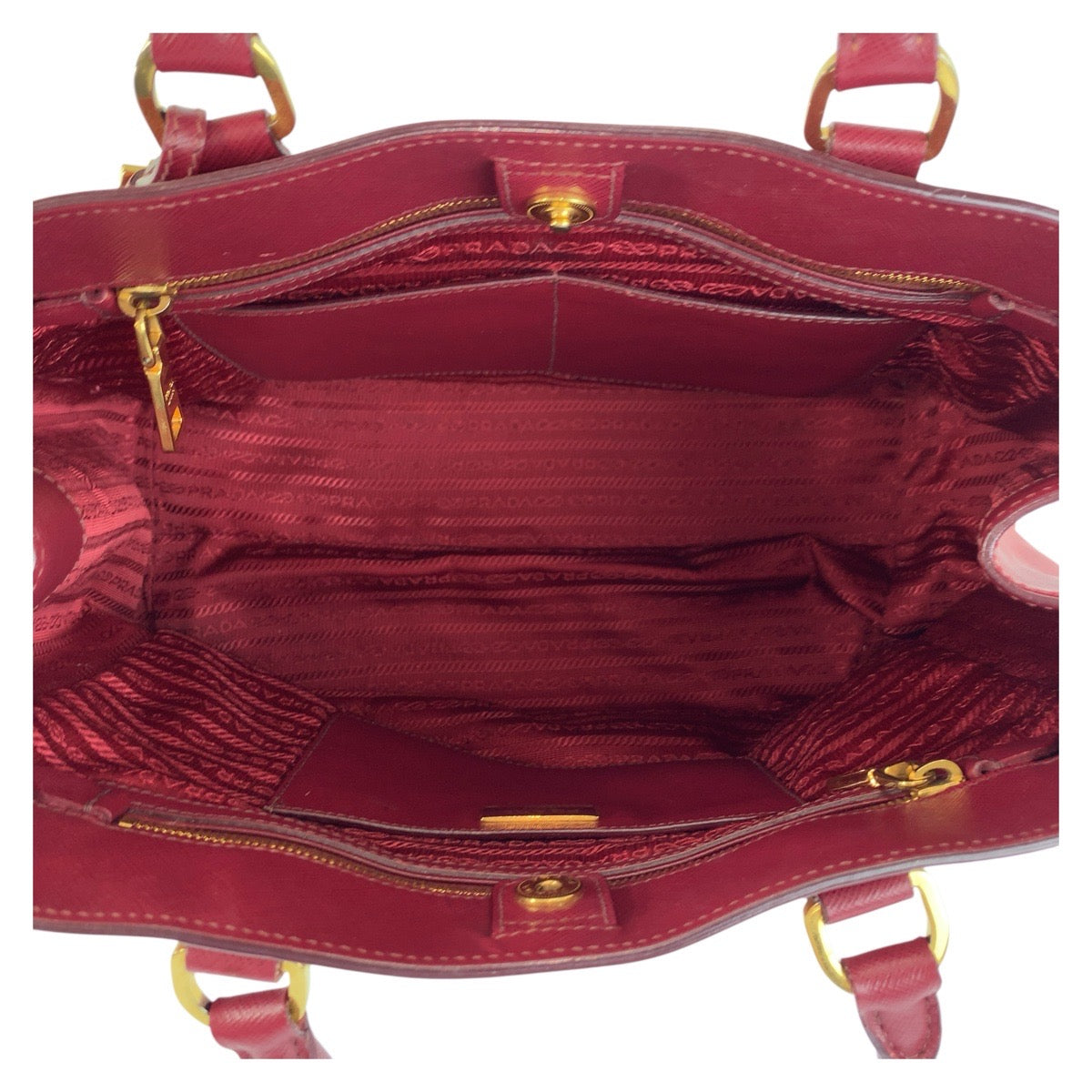 PRADA Tote Bag leather Red Gold Metal Tote Bag Handbag Shoulder Bag 2way Safiano Women Used Authentic