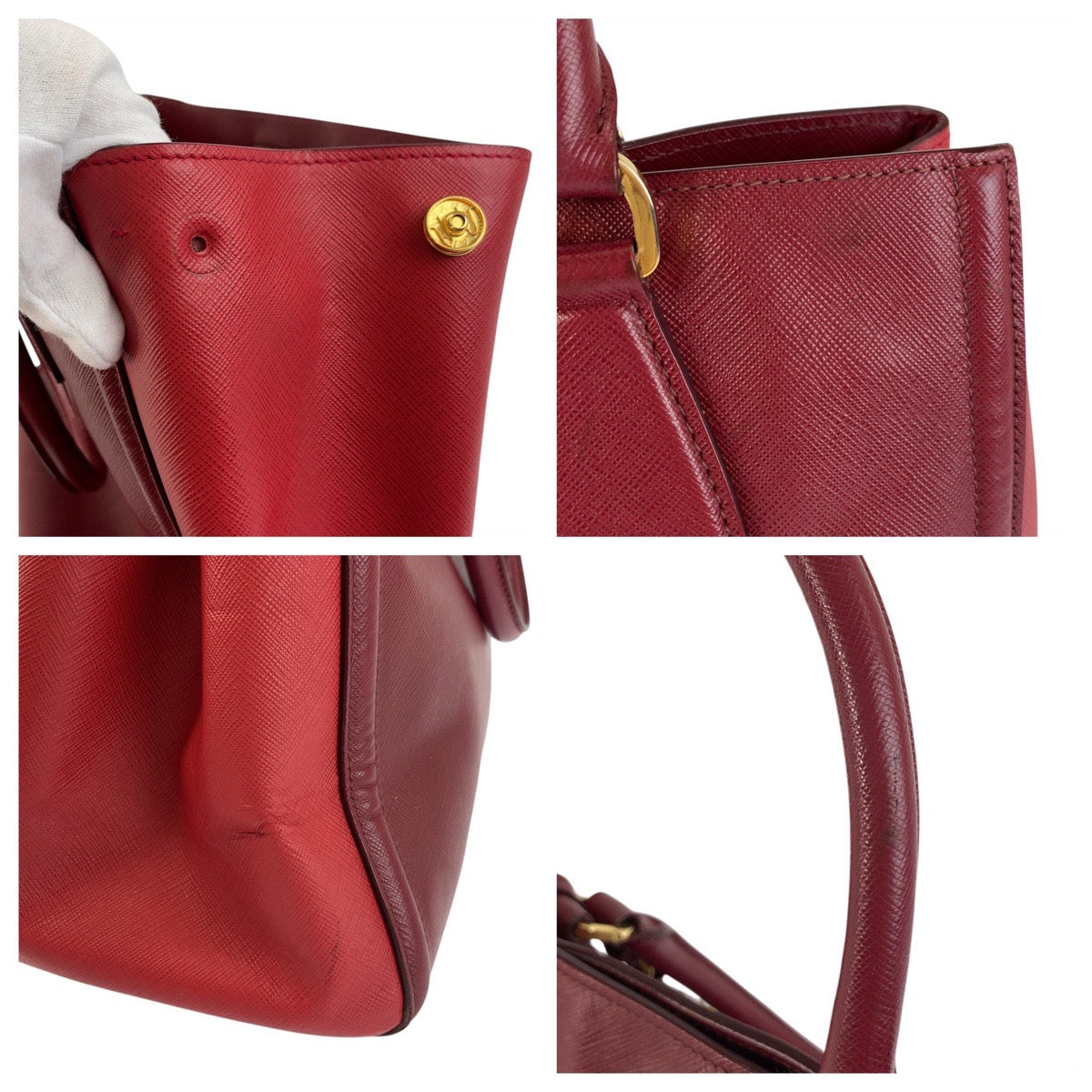 PRADA Tote Bag leather Red Gold Metal Tote Bag Handbag Shoulder Bag 2way Safiano Women Used Authentic