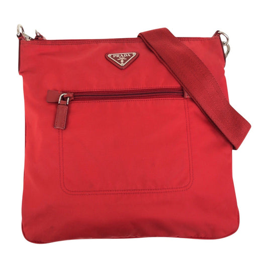 PRADA Shoulder Bag Nylon Red Silver Metal Crossbody Shoulder Bag Test Triangle With logo Women Used Authentic