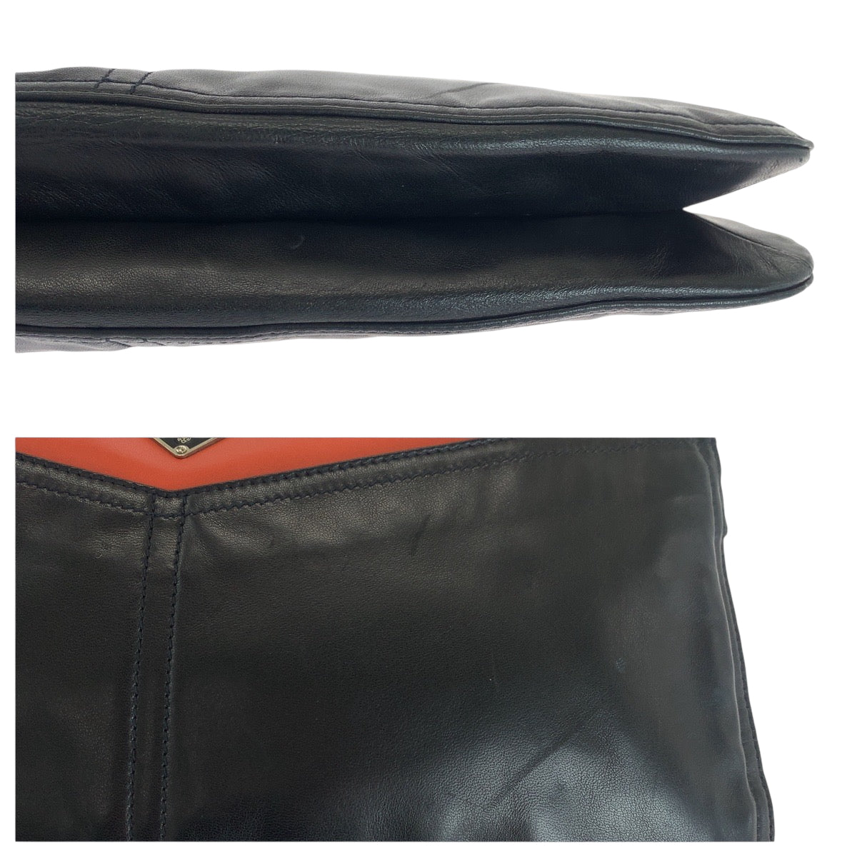 PRADA Clutch bag leather Black Orange SilverMetal Clutch bag business bag Triangle With logo Women Used Authentic