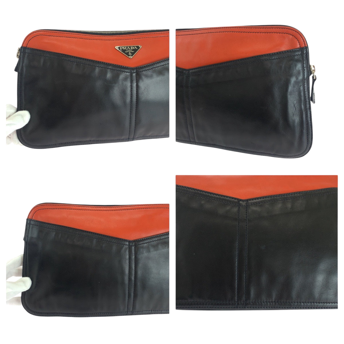 PRADA Clutch bag leather Black Orange SilverMetal Clutch bag business bag Triangle With logo Women Used Authentic