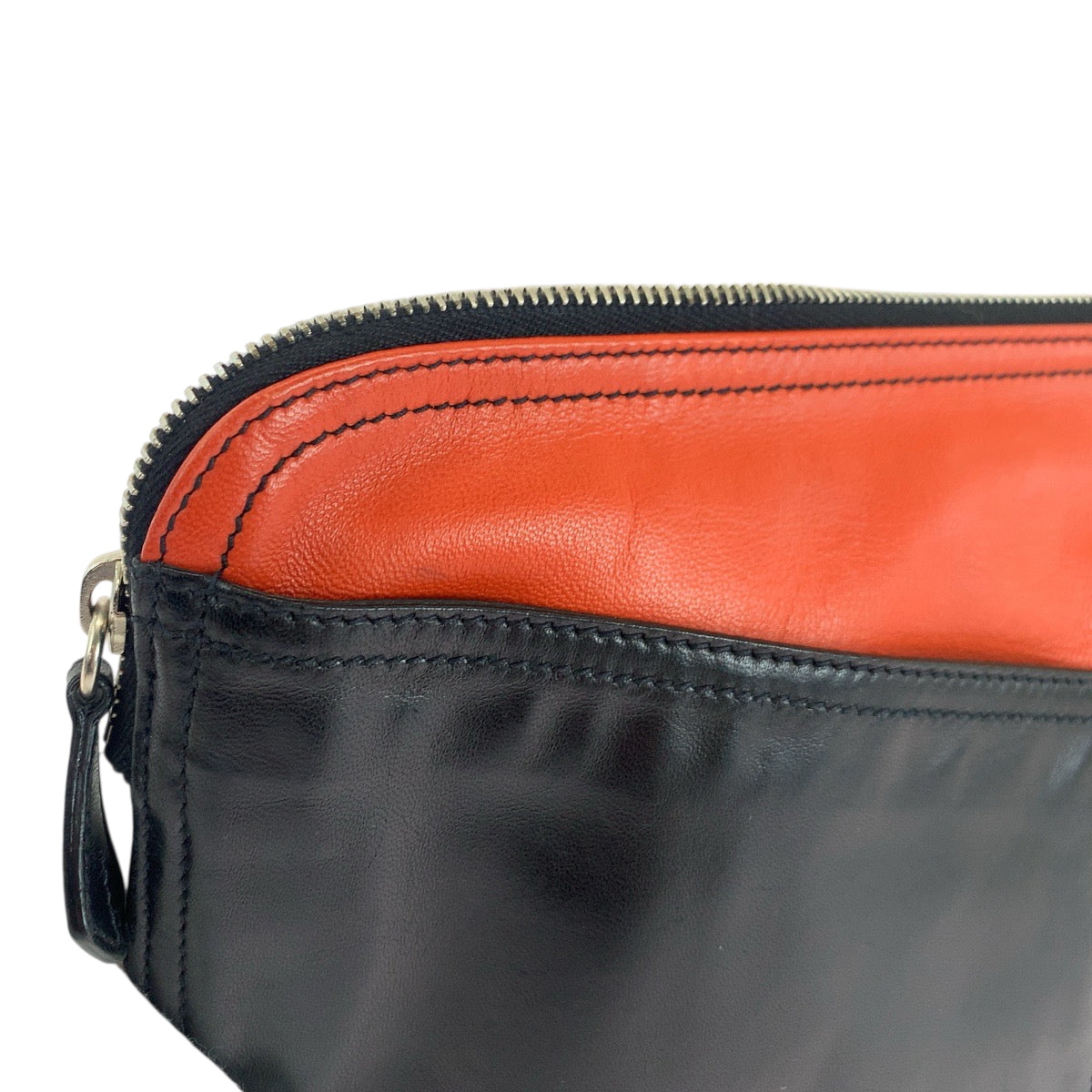 PRADA Clutch bag leather Black Orange SilverMetal Clutch bag business bag Triangle With logo Women Used Authentic