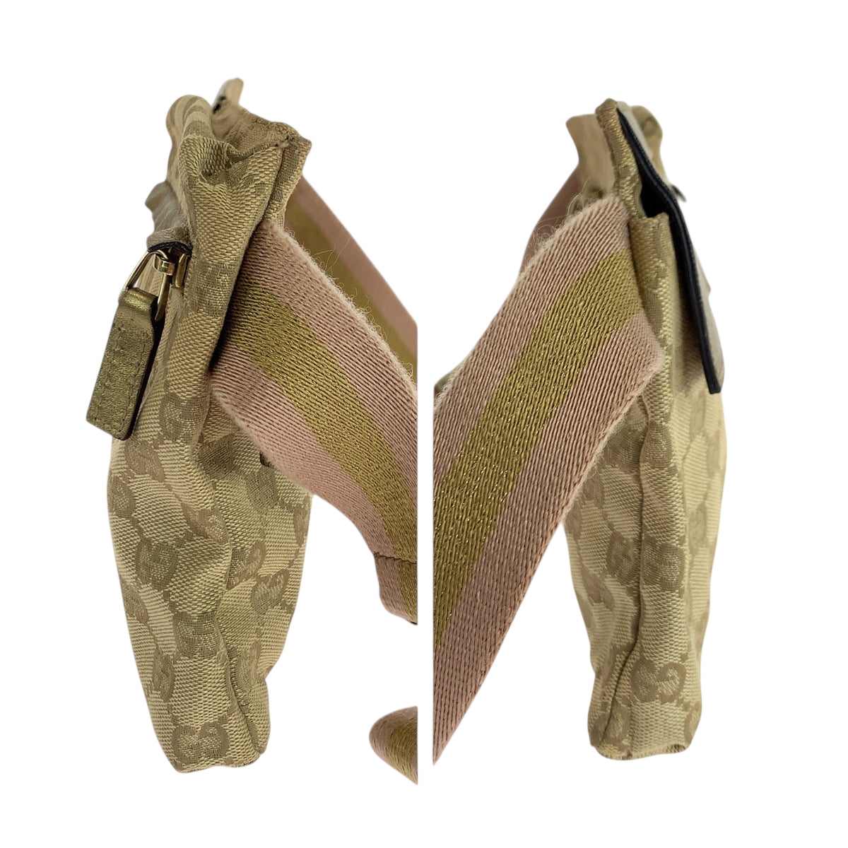 GUCCI Waist bag 28566 GG canvas Beige Gold Pink GoldMetal Waist Bag Bum Bag Sherry line Women Used Authentic