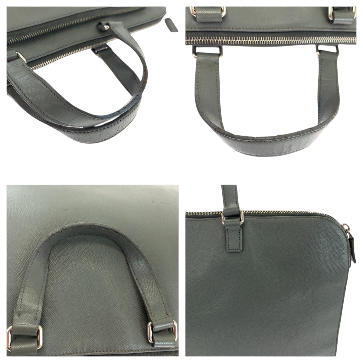PRADA Business bag VR0078 leather Grey SilverMetal Business bag handbag Safiano Triangle With logo Women Used Authentic