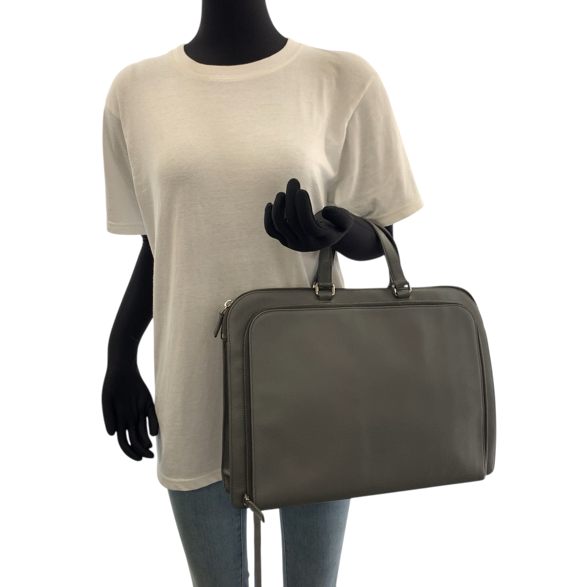PRADA Business bag VR0078 leather Grey SilverMetal Business bag handbag Safiano Triangle With logo Women Used Authentic