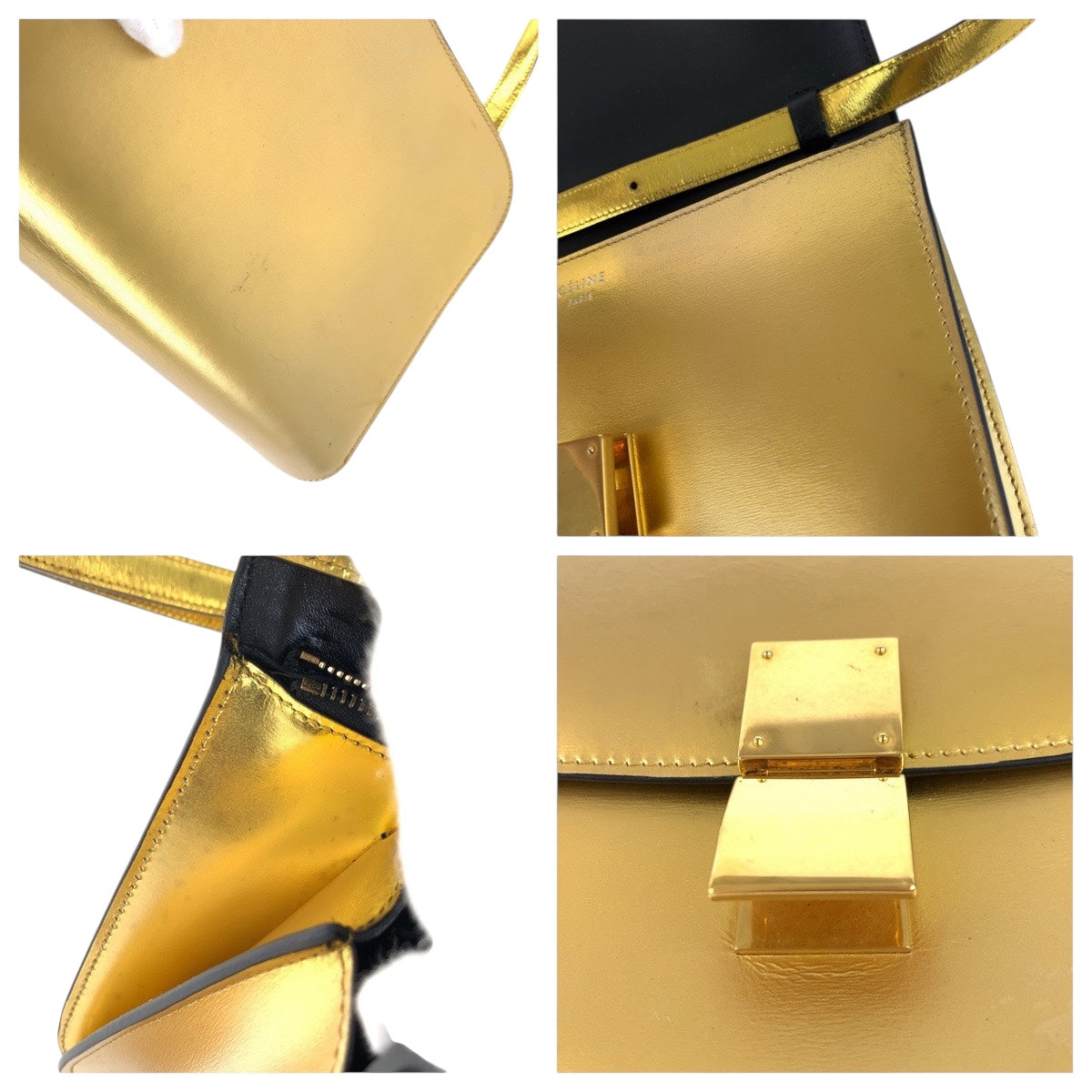 CELINE Shoulder Bag leather Gold Metal Shoulder Bag pochette Women Used Authentic
