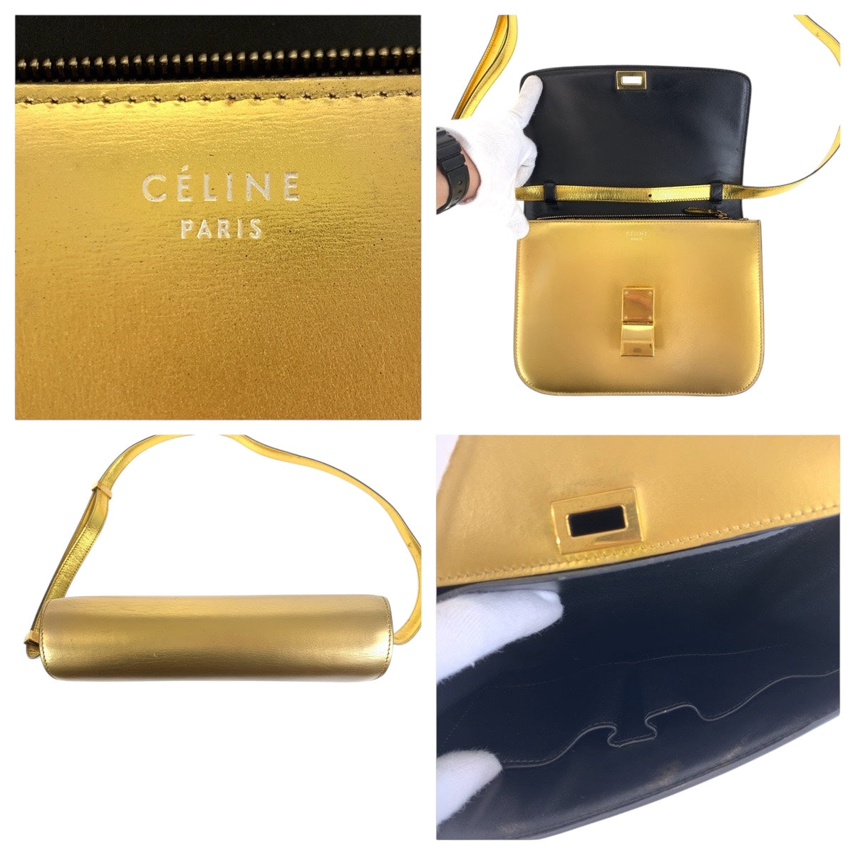 CELINE Shoulder Bag leather Gold Metal Shoulder Bag pochette Women Used Authentic