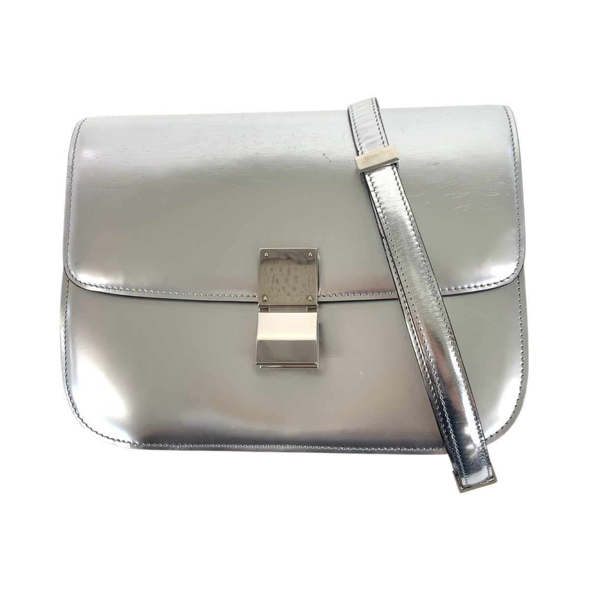 CELINE Shoulder Bag leather Silver SilverMetal Shoulder Bag pochette Women Used Authentic