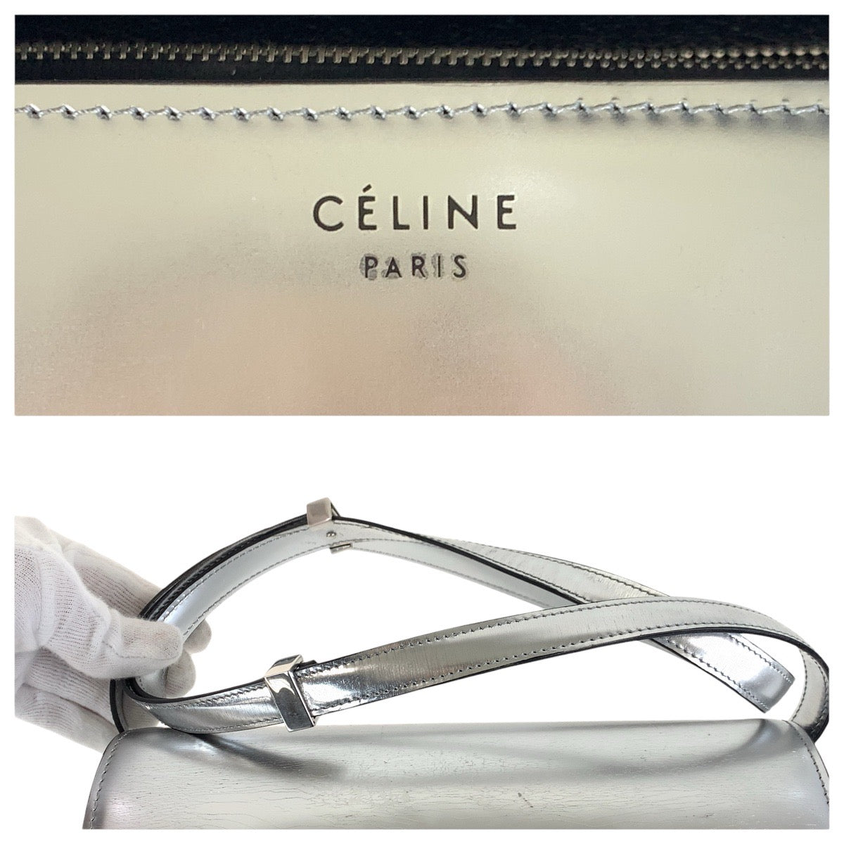 CELINE Shoulder Bag leather Silver SilverMetal Shoulder Bag pochette Women Used Authentic