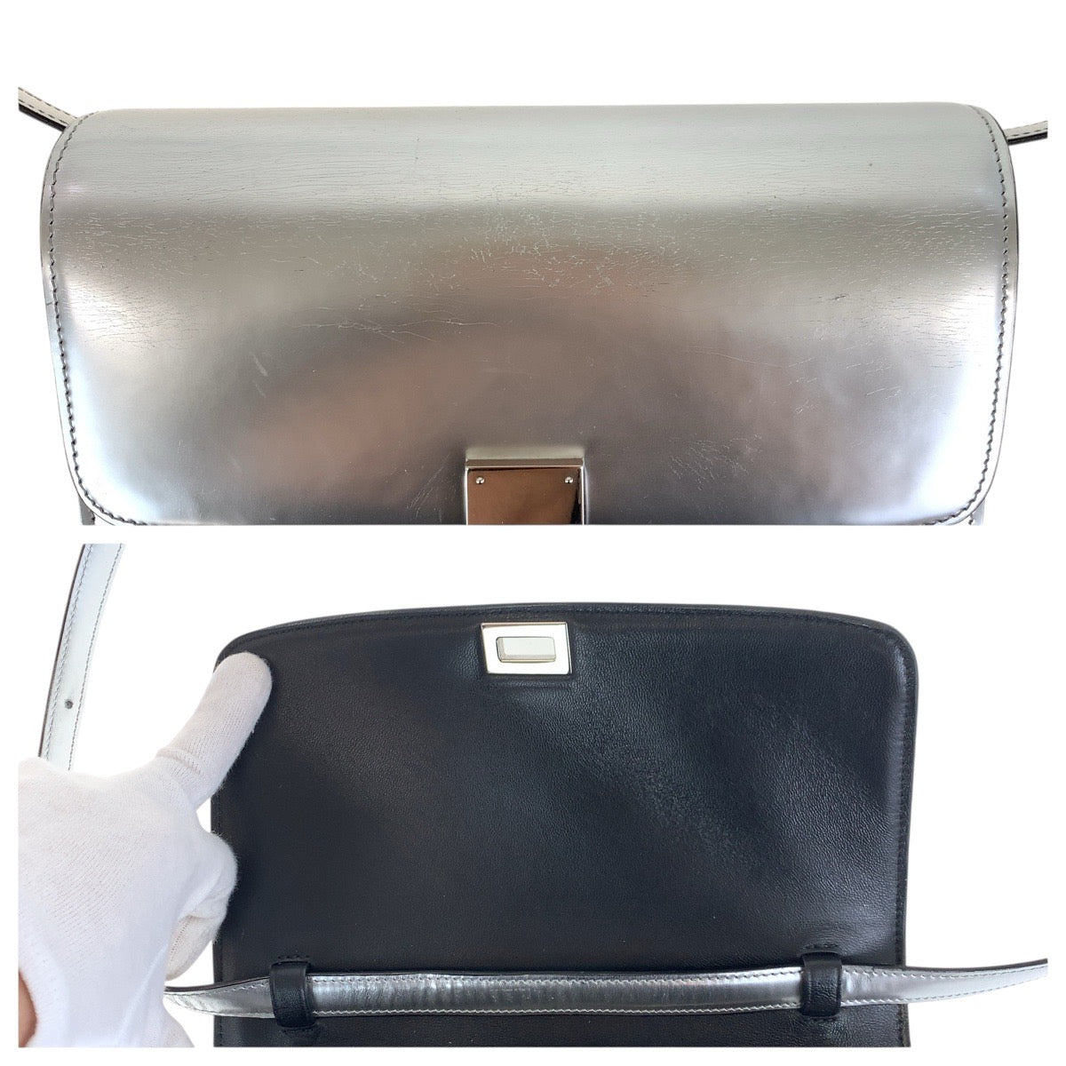 CELINE Shoulder Bag leather Silver SilverMetal Shoulder Bag pochette Women Used Authentic