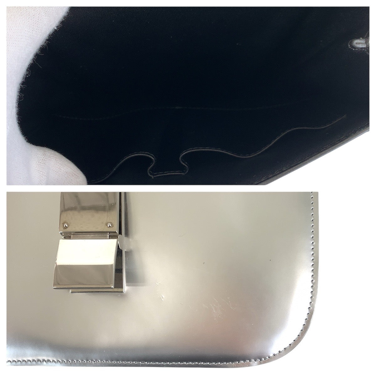 CELINE Shoulder Bag leather Silver SilverMetal Shoulder Bag pochette Women Used Authentic