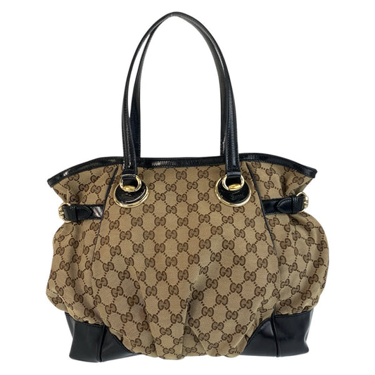 GUCCI Tote Bag 203529 GG canvas, leather Beige Black Gold Metal Tote Bag Shoulder Bag Women Used Authentic