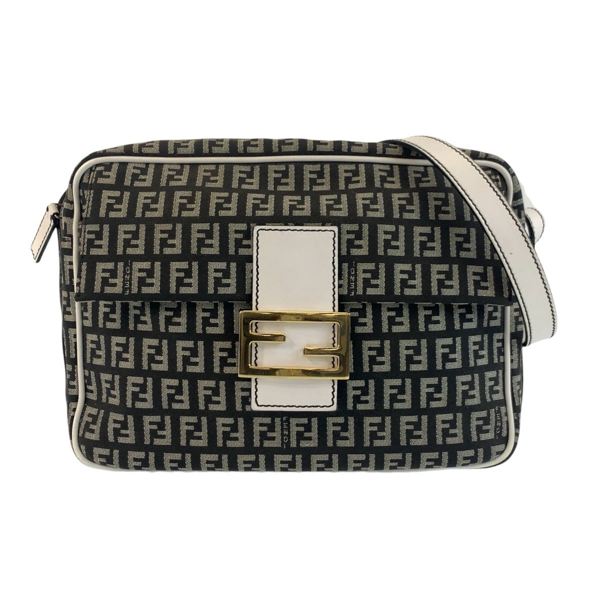 FENDI Shoulder Bag Canvas, Leather Black White Gold Metal Shoulder Bag pochette Zucchino Mamma Women Used Authentic