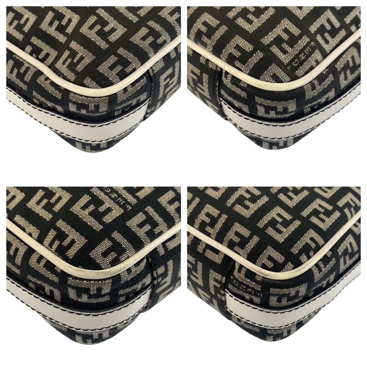 FENDI Shoulder Bag Canvas, Leather Black White Gold Metal Shoulder Bag pochette Zucchino Mamma Women Used Authentic