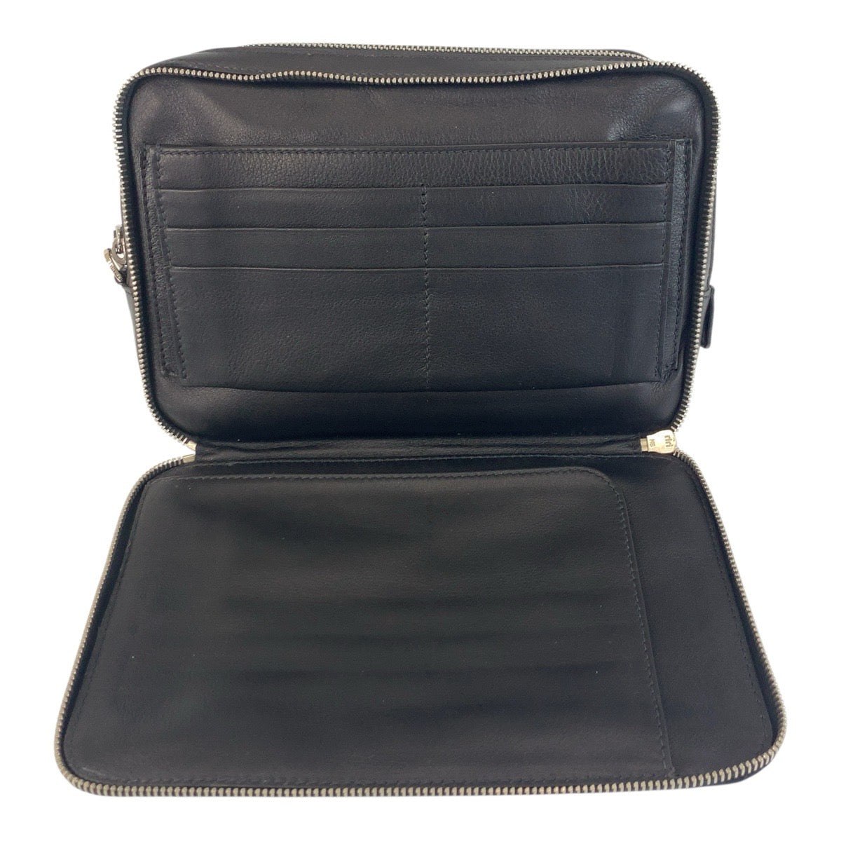 PRADA Clutch bag leather Black SilverMetal Clutch bag business bag Triangle With logo mens Used Authentic